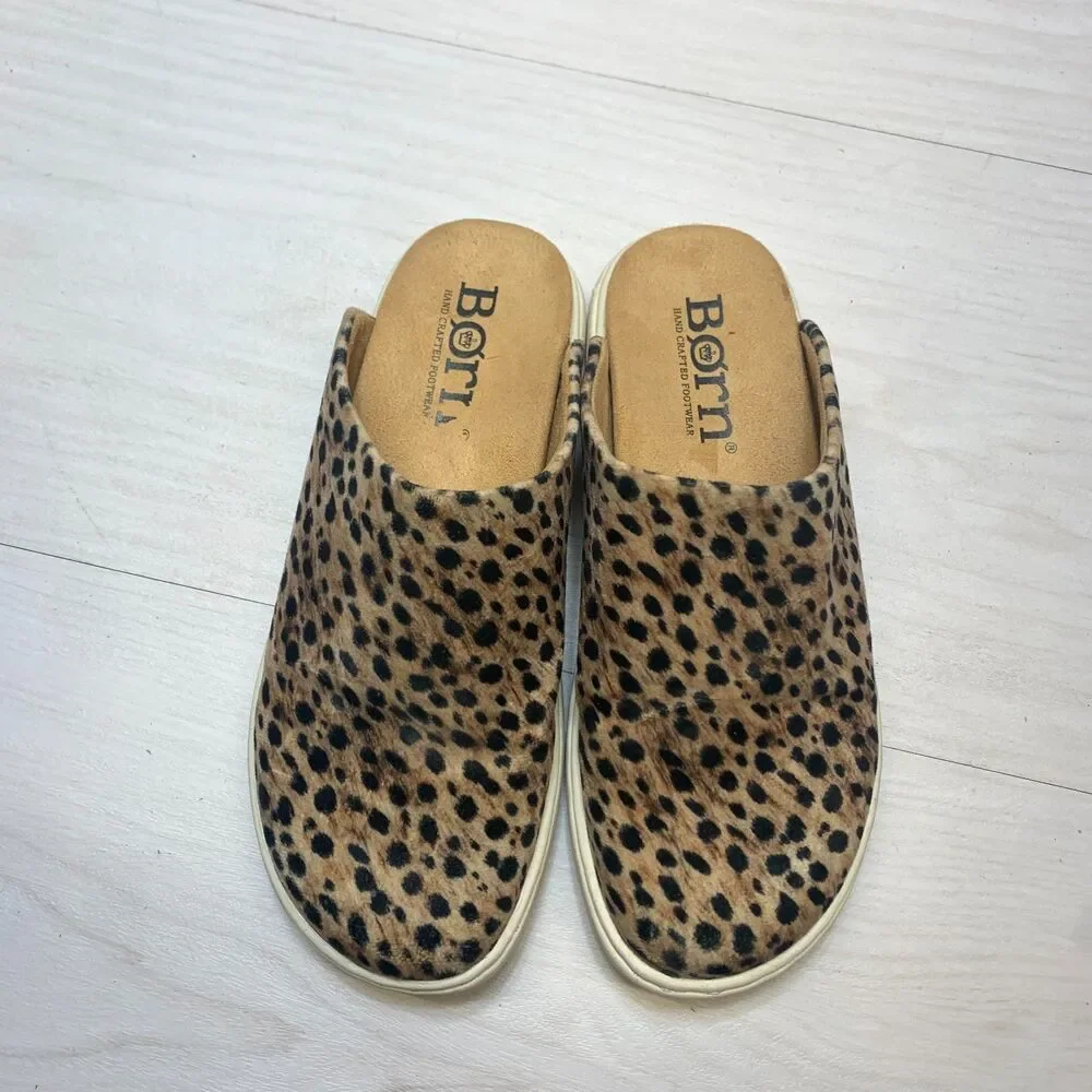 Born‎ Zen Mules Women's Size 5M Brown Cheetah Print Fierce Slip On Shoes